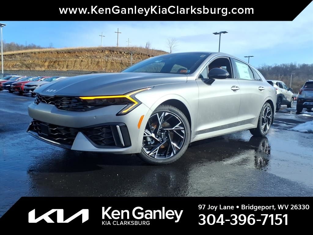 2026 Kia K5 GT-Line in Steel Matte Gray — front three-quarter view